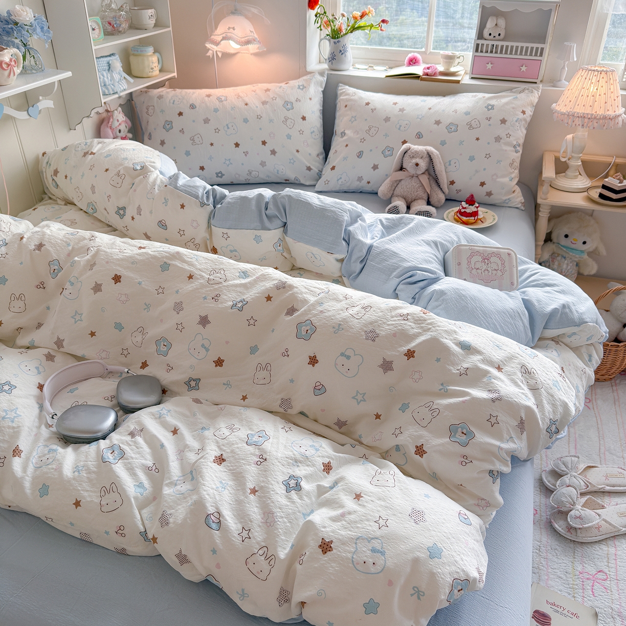 91家纺网 家纺一手货源 找家纺 罗亿家纺 2026新款小清新云感双层纱木棉四件套系列（小红书热款推荐） 星星兔