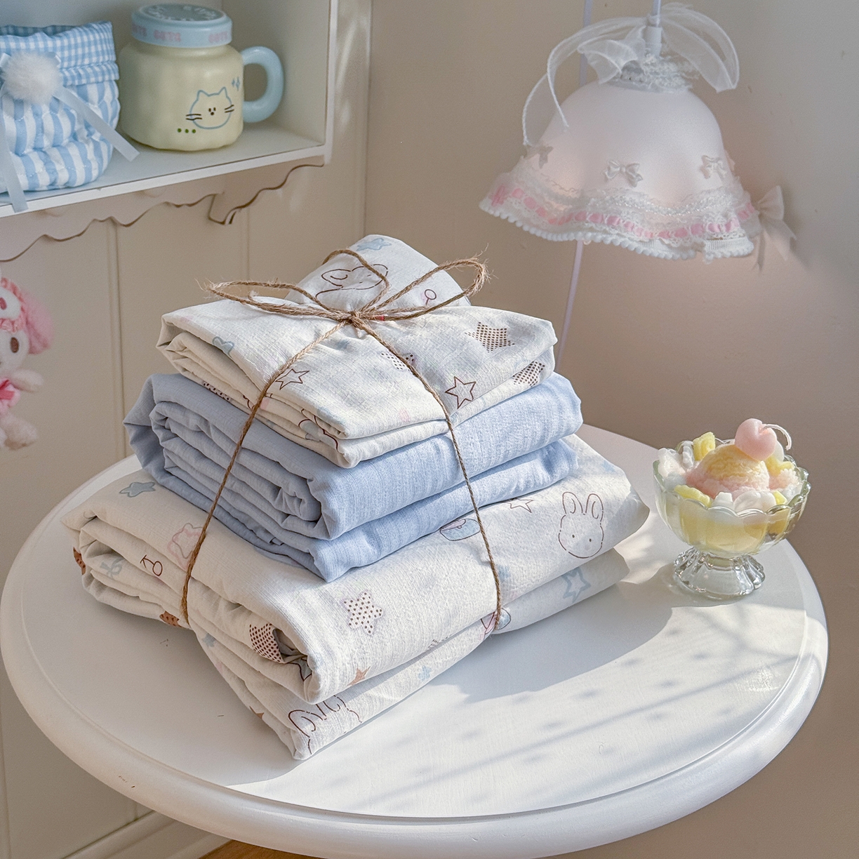 91家纺网 家纺一手货源 找家纺 罗亿家纺 2026新款小清新云感双层纱木棉四件套系列（小红书热款推荐） 星星兔