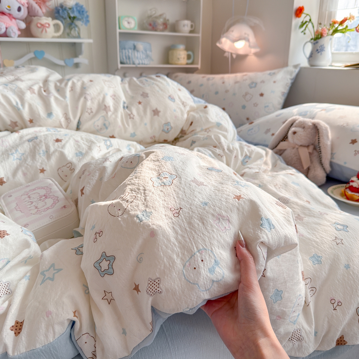 91家纺网 家纺一手货源 找家纺 罗亿家纺 2026新款小清新云感双层纱木棉四件套系列（小红书热款推荐） 星星兔