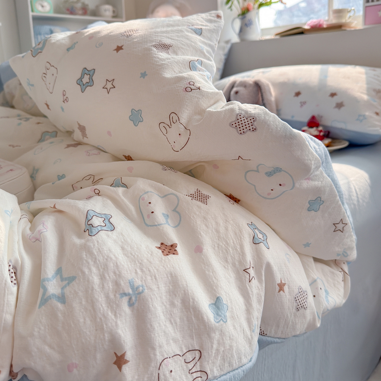 91家纺网 家纺一手货源 找家纺 罗亿家纺 2026新款小清新云感双层纱木棉四件套系列（小红书热款推荐） 星星兔