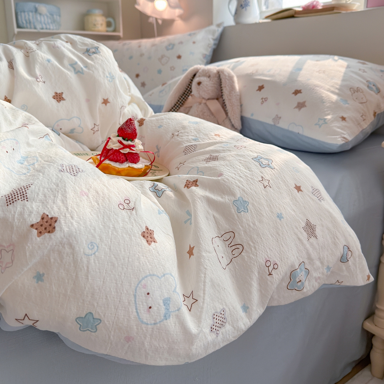 91家纺网 家纺一手货源 找家纺 罗亿家纺 2026新款小清新云感双层纱木棉四件套系列（小红书热款推荐） 星星兔