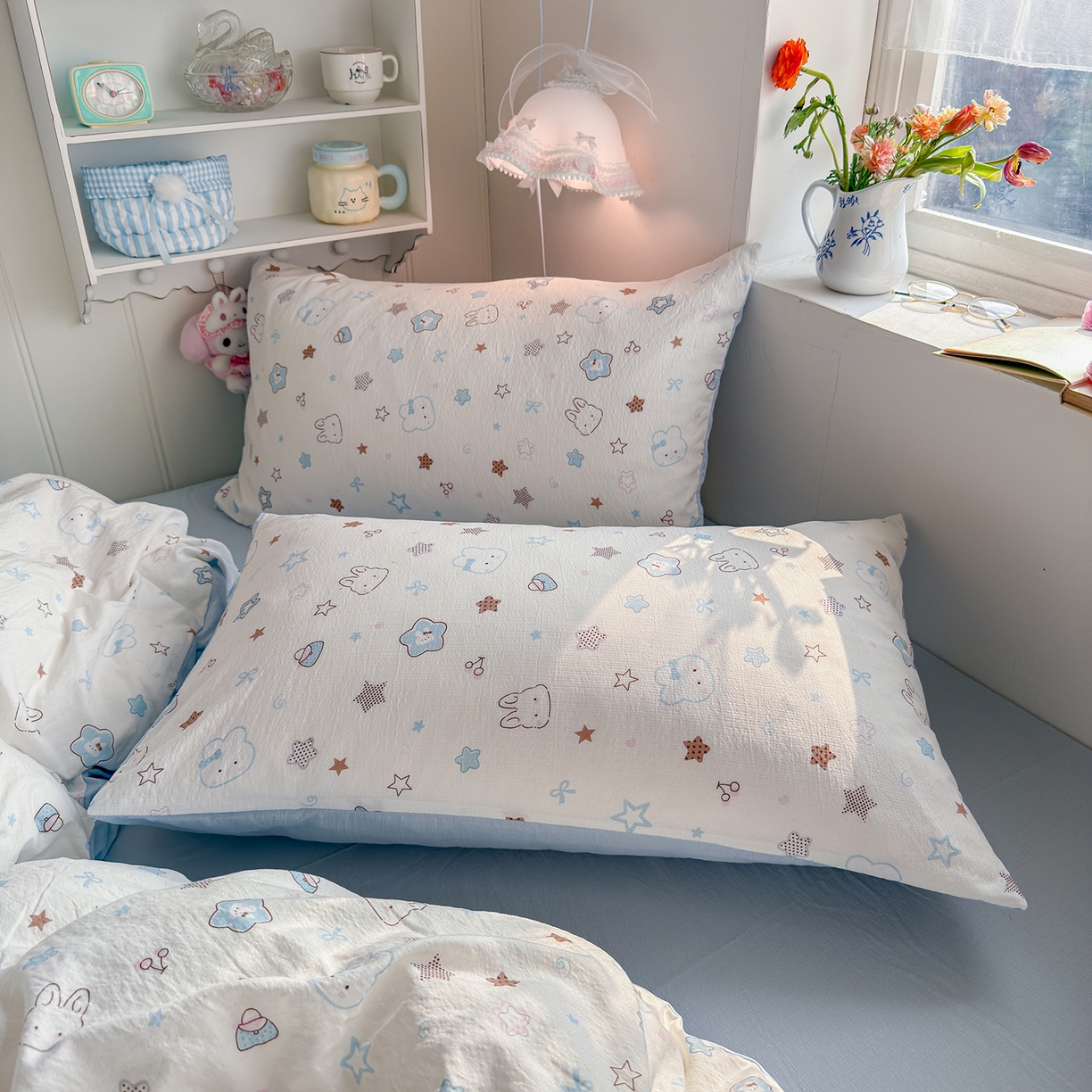 91家纺网 家纺一手货源 找家纺 罗亿家纺 2026新款小清新云感双层纱木棉四件套系列（小红书热款推荐） 星星兔