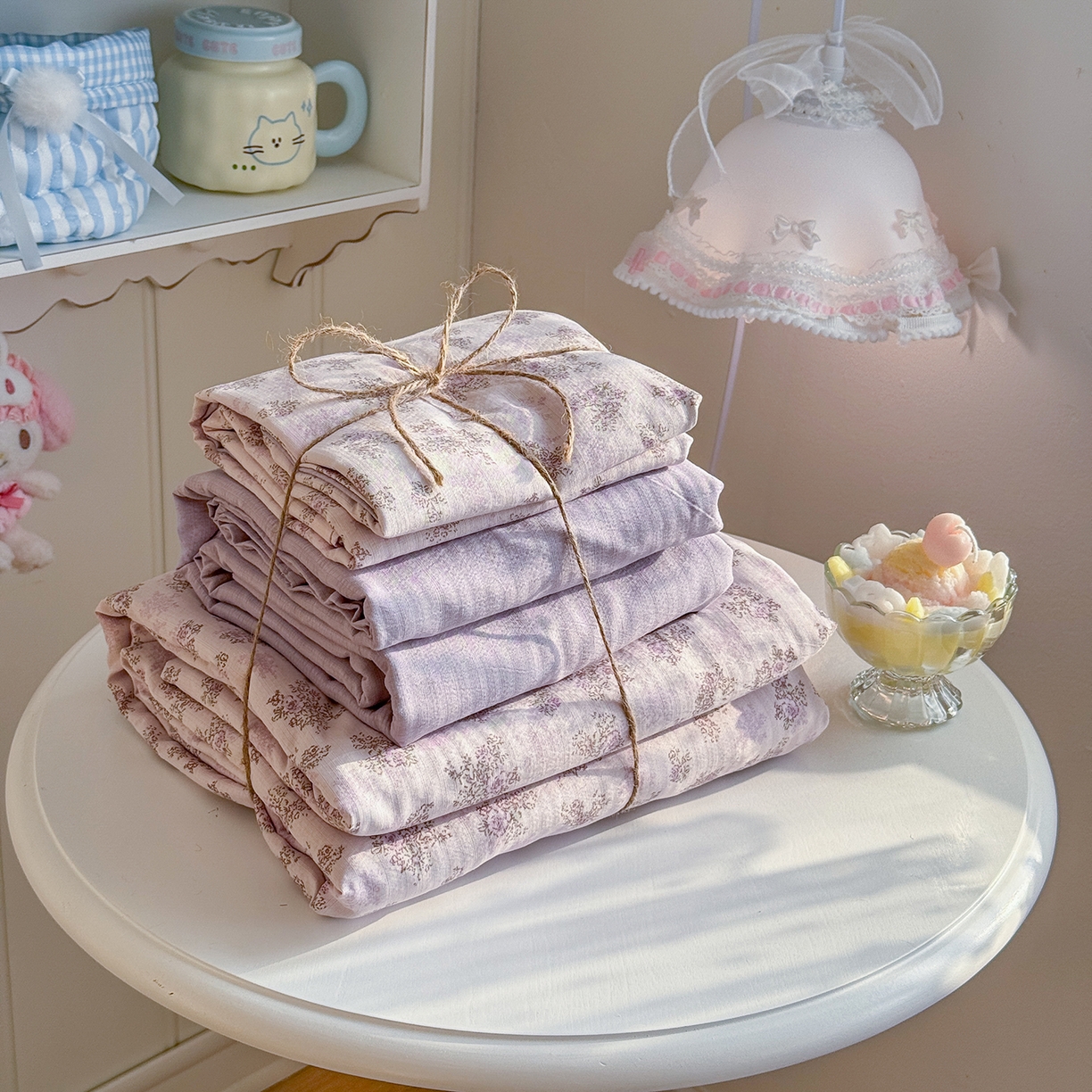 91家纺网 家纺一手货源 找家纺 罗亿家纺 2026新款小清新云感双层纱木棉四件套系列（小红书热款推荐） 薰衣草