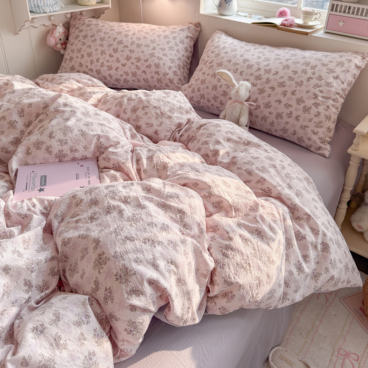 91家纺网 家纺一手货源 找家纺 罗亿家纺 2026新款小清新云感双层纱木棉四件套系列（小红书热款推荐） 薰衣草