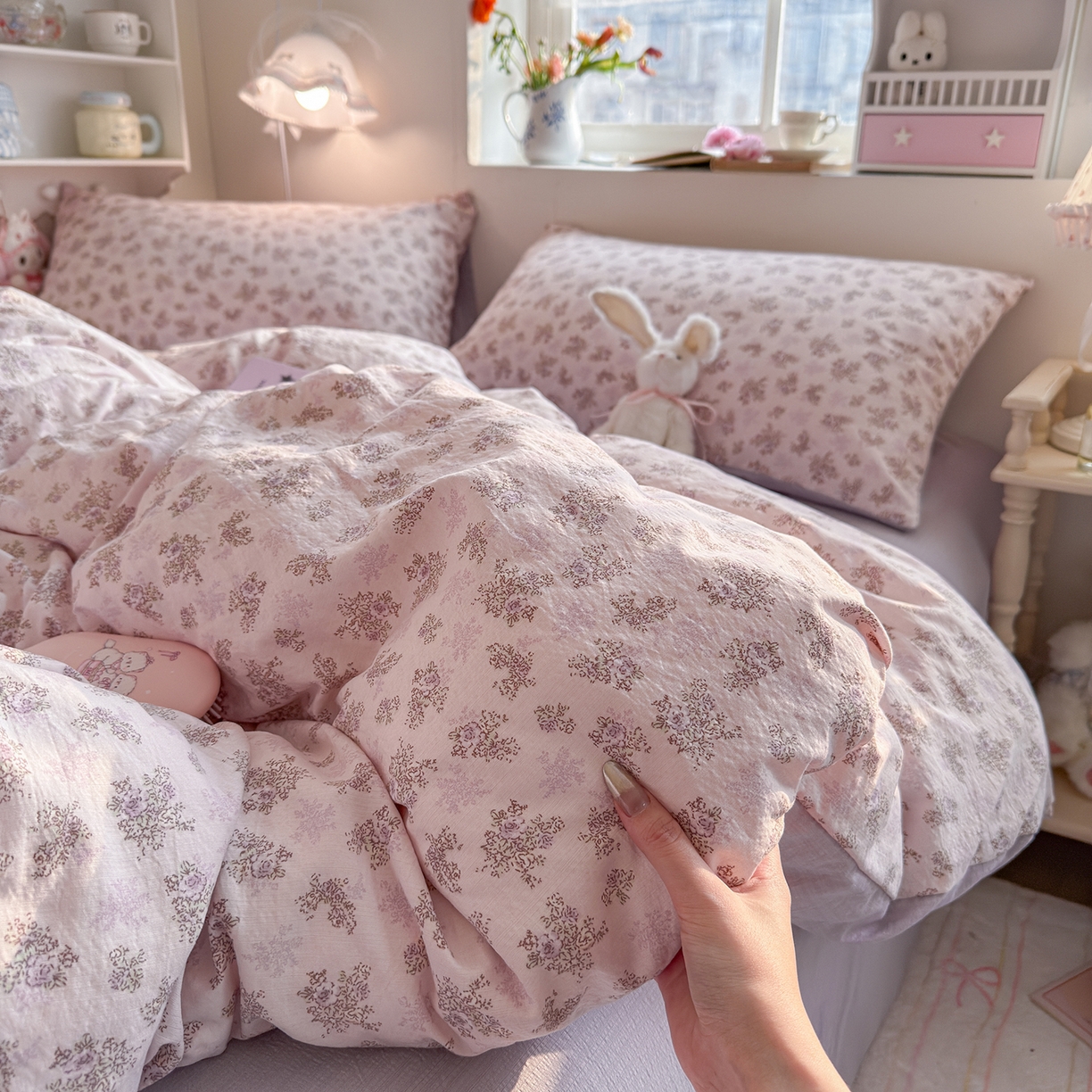 91家纺网 家纺一手货源 找家纺 罗亿家纺 2026新款小清新云感双层纱木棉四件套系列（小红书热款推荐） 薰衣草