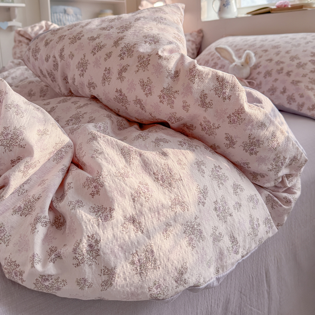 91家纺网 家纺一手货源 找家纺 罗亿家纺 2026新款小清新云感双层纱木棉四件套系列（小红书热款推荐） 薰衣草