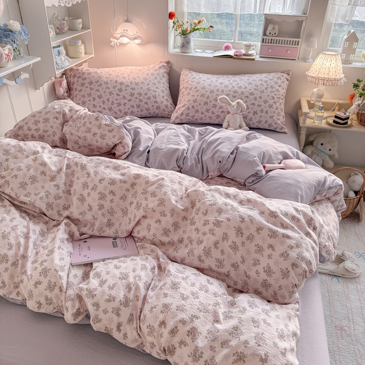 91家纺网 家纺一手货源 找家纺 罗亿家纺 2026新款小清新云感双层纱木棉四件套系列（小红书热款推荐） 薰衣草