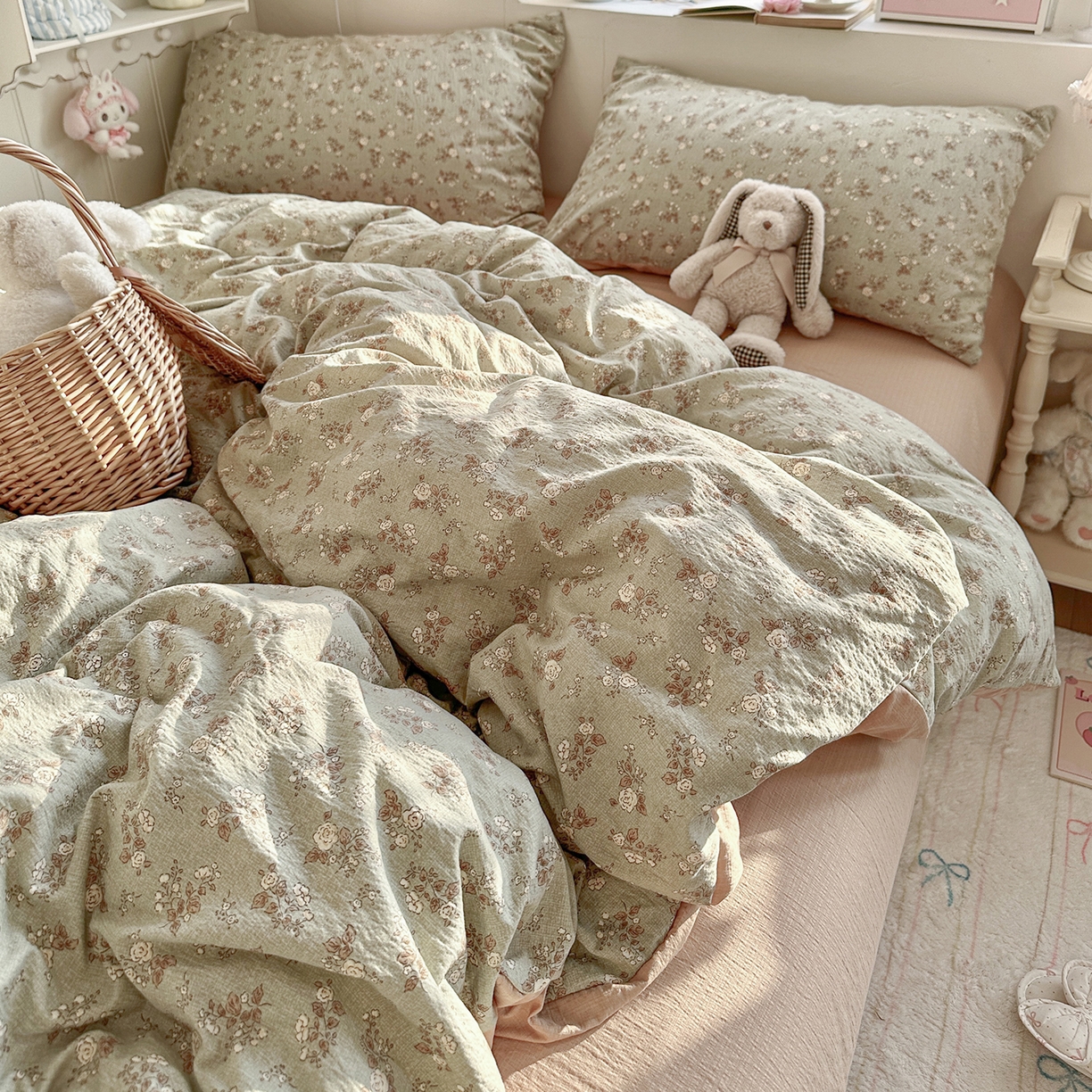 91家纺网 家纺一手货源 找家纺 罗亿家纺 2026新款小清新云感双层纱木棉四件套系列（小红书热款推荐） 棕韵梦境