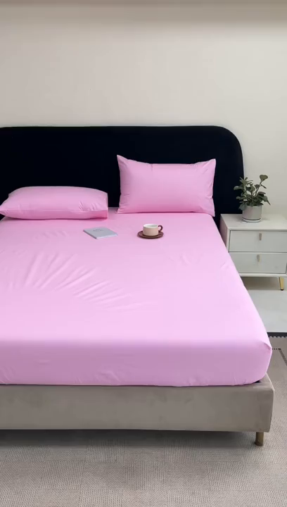 91家纺网 家纺一手货源 找家纺 三悦四季 2026新款纯色亲肤磨毛防水床笠跨境直播爆款床笠三件套外贸可定制任意尺寸 粉色