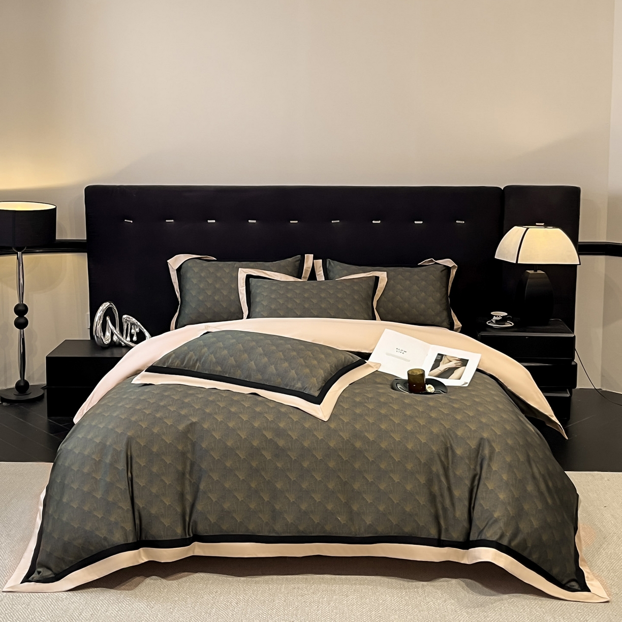 91家纺网 家纺一手货源 找家纺 （总）博纳家纺 2026新款正宗60支纯棉 活性数码印花 宽边高级简奢 撞色拼角 纯棉四件套