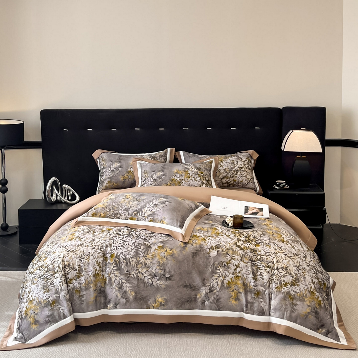 91家纺网 家纺一手货源 找家纺 （总）博纳家纺 2026新款正宗60支纯棉 活性数码印花 宽边高级简奢 撞色拼角 纯棉四件套