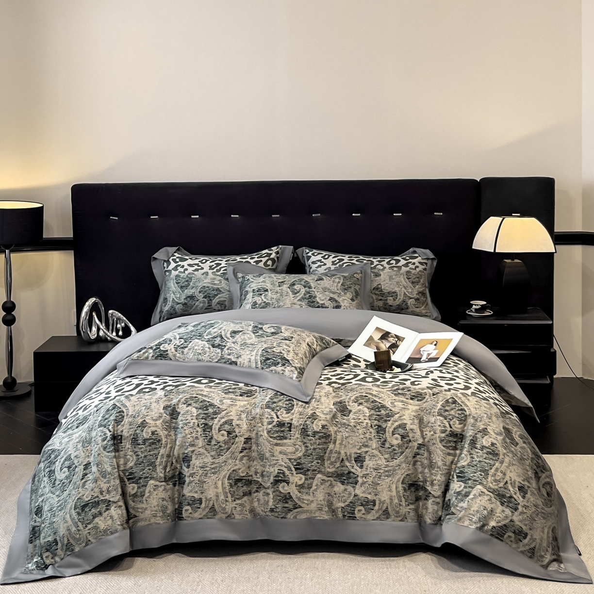 博纳家纺 2026新款正宗60支纯棉 活性数码印花 宽边高级简奢 撞色拼角 纯棉四件套 查尔斯