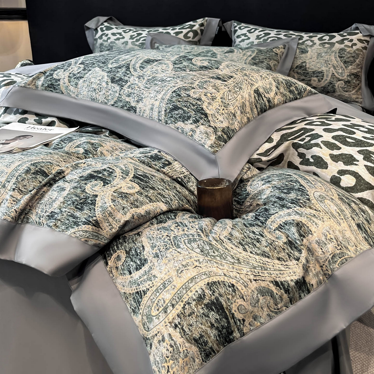 91家纺网 家纺一手货源 找家纺 博纳家纺 2026新款正宗60支纯棉 活性数码印花 宽边高级简奢 撞色拼角 纯棉四件套 查尔斯