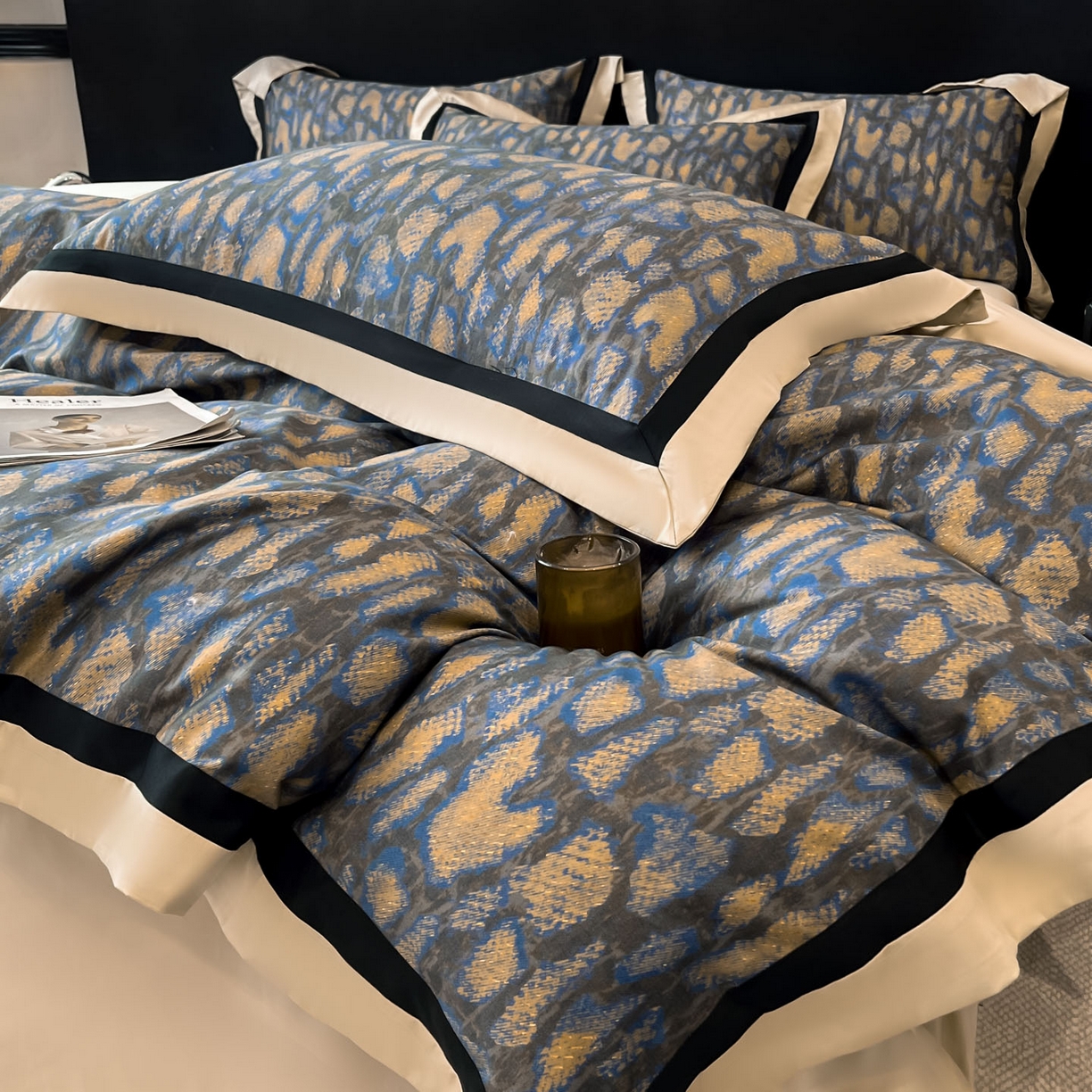 91家纺网 家纺一手货源 找家纺 博纳家纺 2026新款正宗60支纯棉 活性数码印花 宽边高级简奢 撞色拼角 纯棉四件套 睡美人