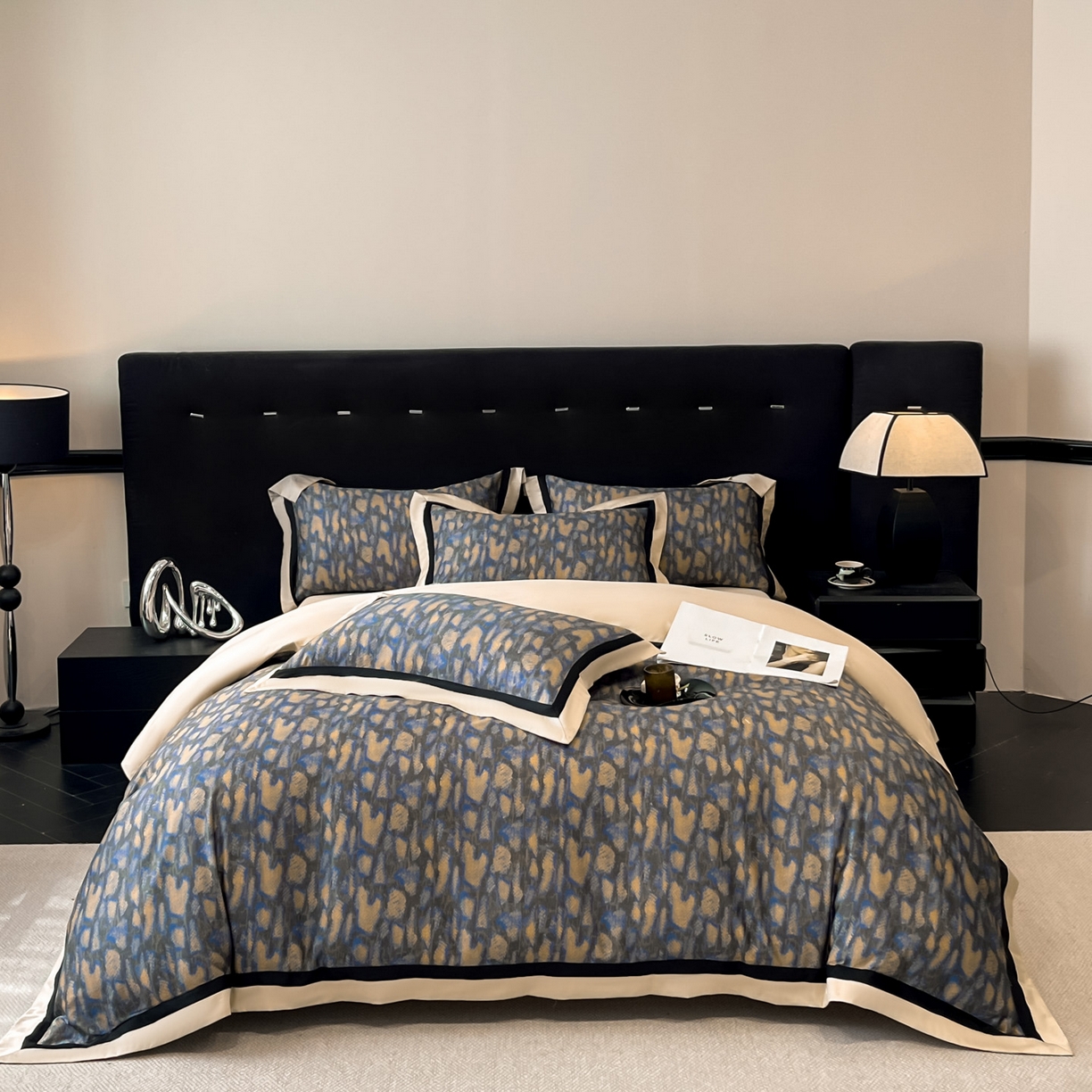 博纳家纺 2026新款正宗60支纯棉 活性数码印花 宽边高级简奢 撞色拼角 纯棉四件套 睡美人