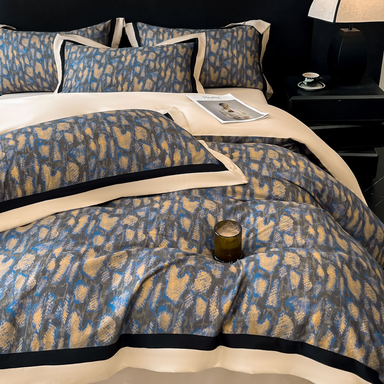 91家纺网 家纺一手货源 找家纺 博纳家纺 2026新款正宗60支纯棉 活性数码印花 宽边高级简奢 撞色拼角 纯棉四件套 睡美人