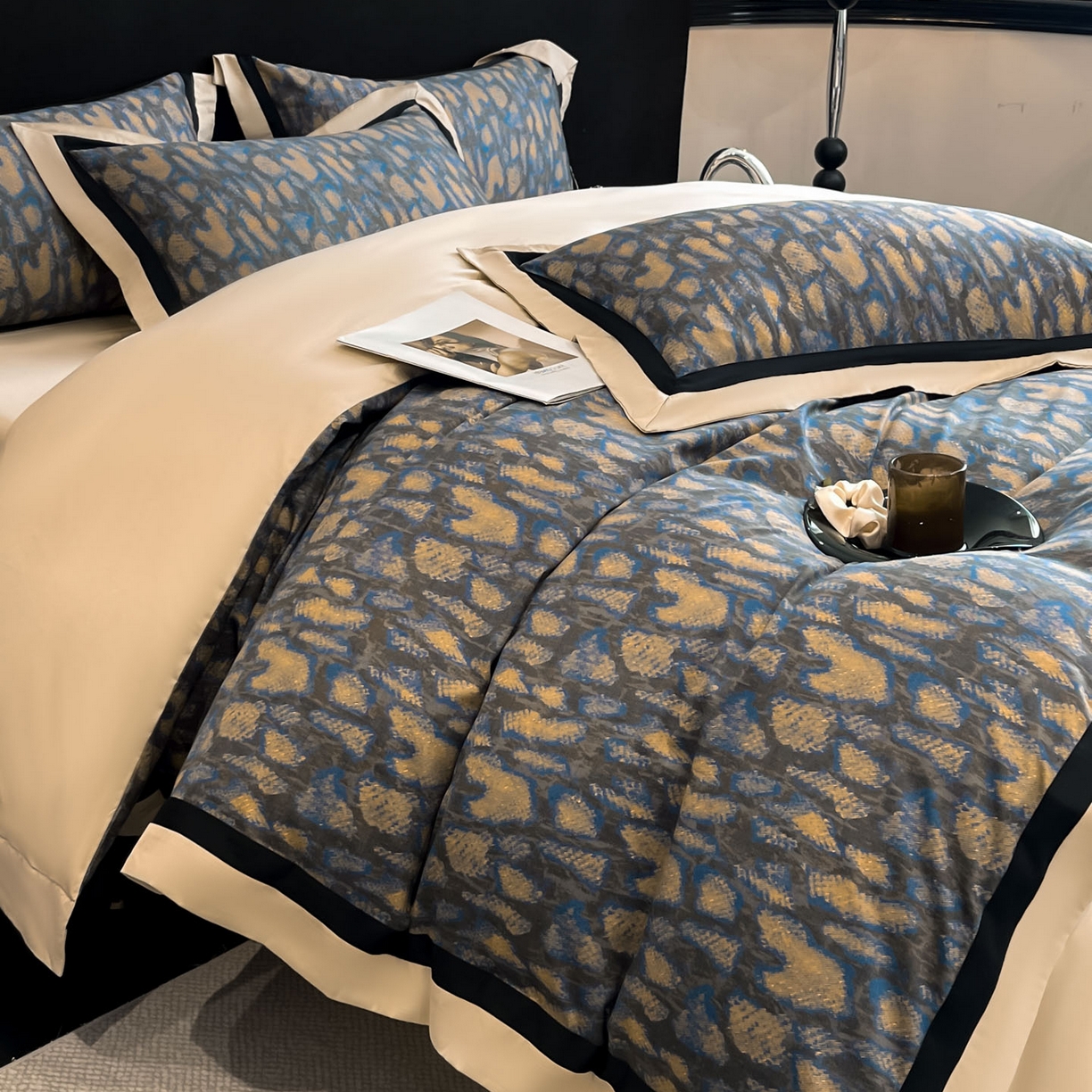 91家纺网 家纺一手货源 找家纺 博纳家纺 2026新款正宗60支纯棉 活性数码印花 宽边高级简奢 撞色拼角 纯棉四件套 睡美人