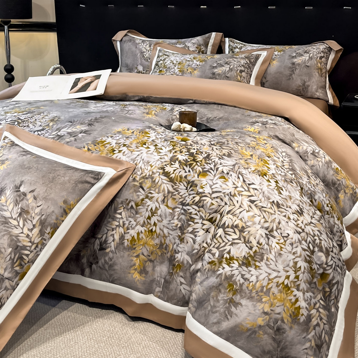 91家纺网 家纺一手货源 找家纺 博纳家纺 2026新款正宗60支纯棉 活性数码印花 宽边高级简奢 撞色拼角 纯棉四件套 玉树临风