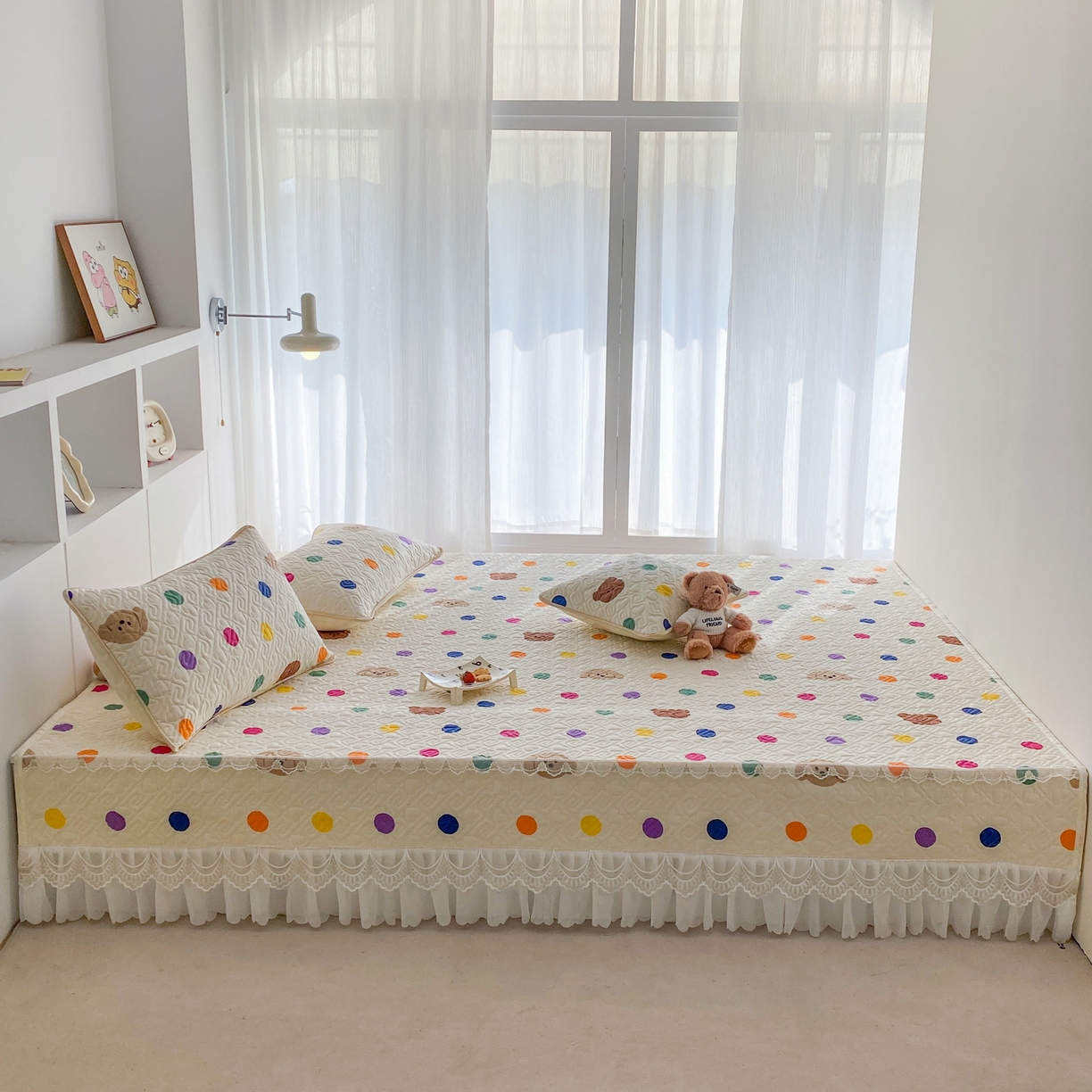 91家纺网 家纺一手货源 找家纺 一电 2026新款定做纯棉榻榻米床盖 防滑A类四季通用夹棉炕罩 软垫大炕专用床单 柔色圆点