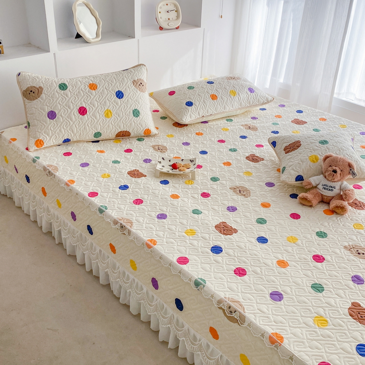 91家纺网 家纺一手货源 找家纺 一电 2026新款定做纯棉榻榻米床盖 防滑A类四季通用夹棉炕罩 软垫大炕专用床单 柔色圆点