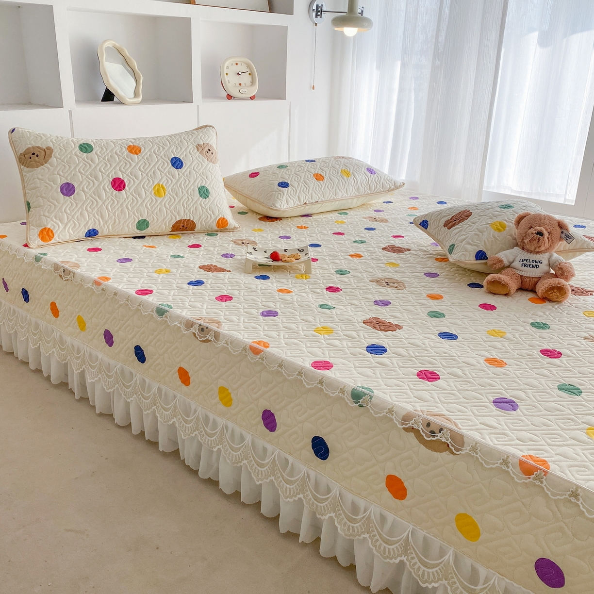 91家纺网 家纺一手货源 找家纺 一电 2026新款定做纯棉榻榻米床盖 防滑A类四季通用夹棉炕罩 软垫大炕专用床单 柔色圆点