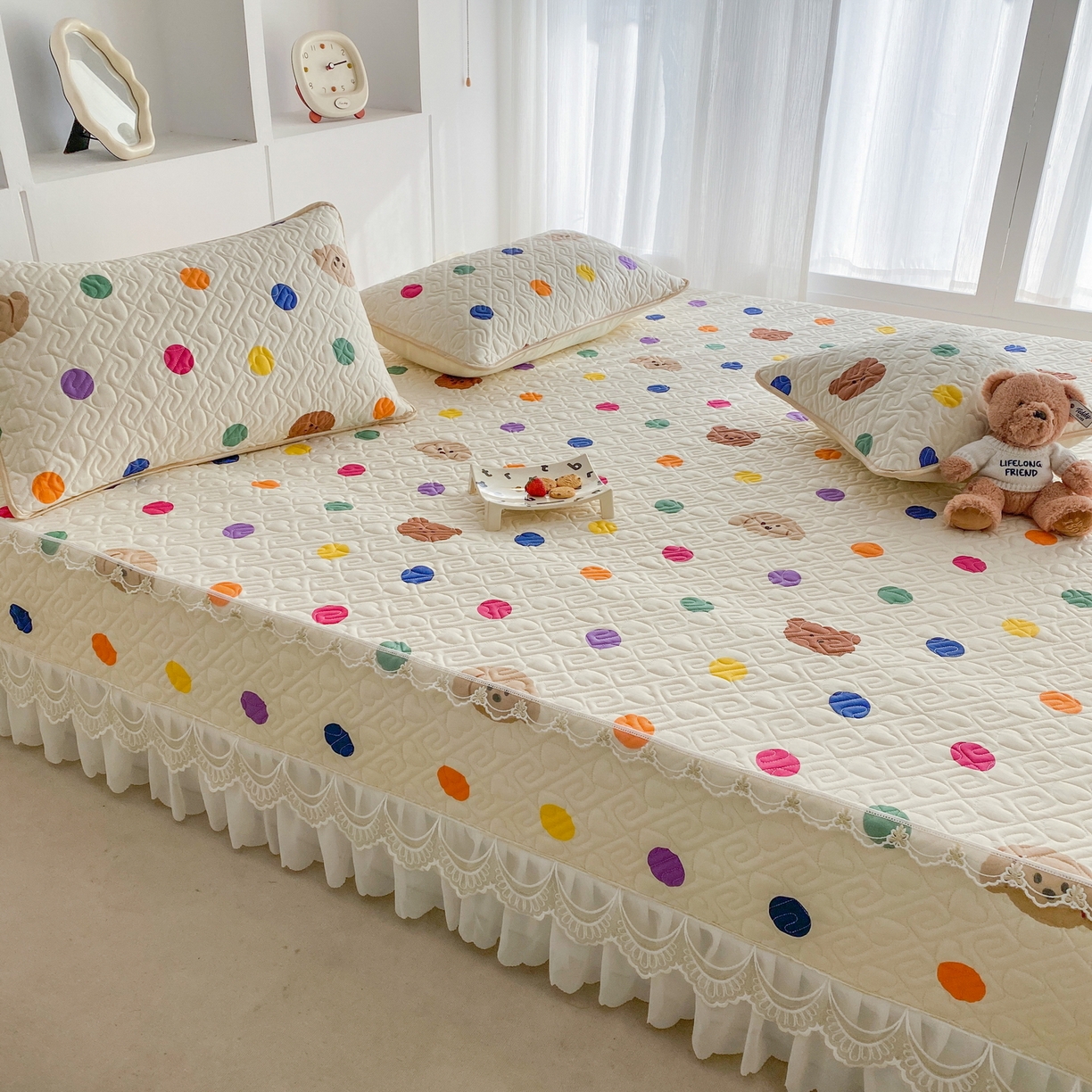 91家纺网 家纺一手货源 找家纺 一电 2026新款定做纯棉榻榻米床盖 防滑A类四季通用夹棉炕罩 软垫大炕专用床单 柔色圆点