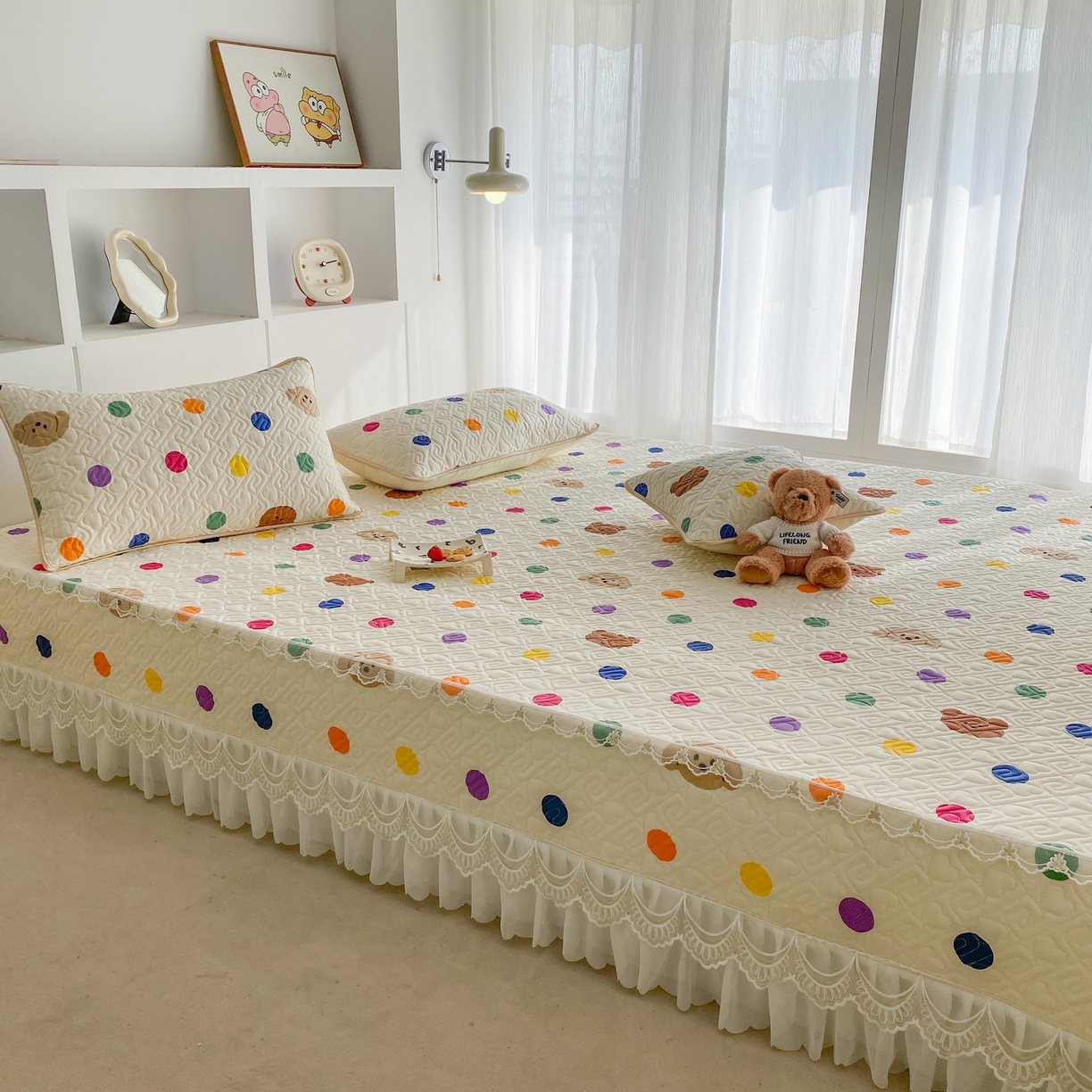 91家纺网 家纺一手货源 找家纺 一电 2026新款定做纯棉榻榻米床盖 防滑A类四季通用夹棉炕罩 软垫大炕专用床单 柔色圆点