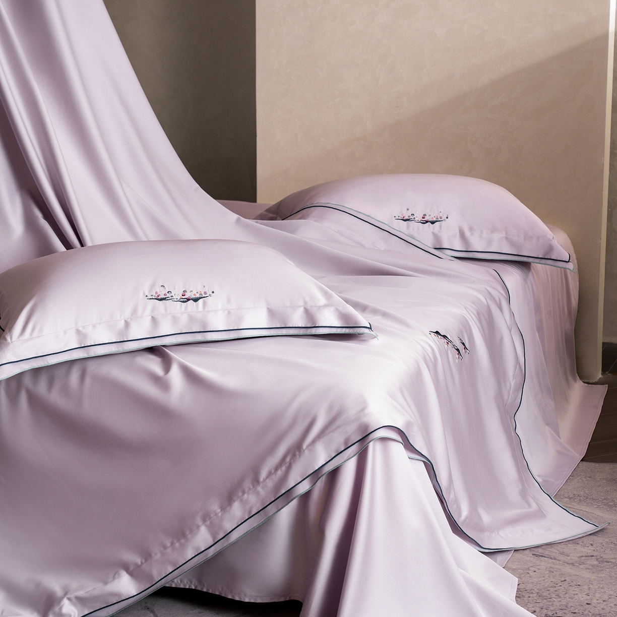 91家纺网 家纺一手货源 找家纺 涞澳家纺 2025新款埃及长绒棉四件套-格雾 格雾-奶紫灰