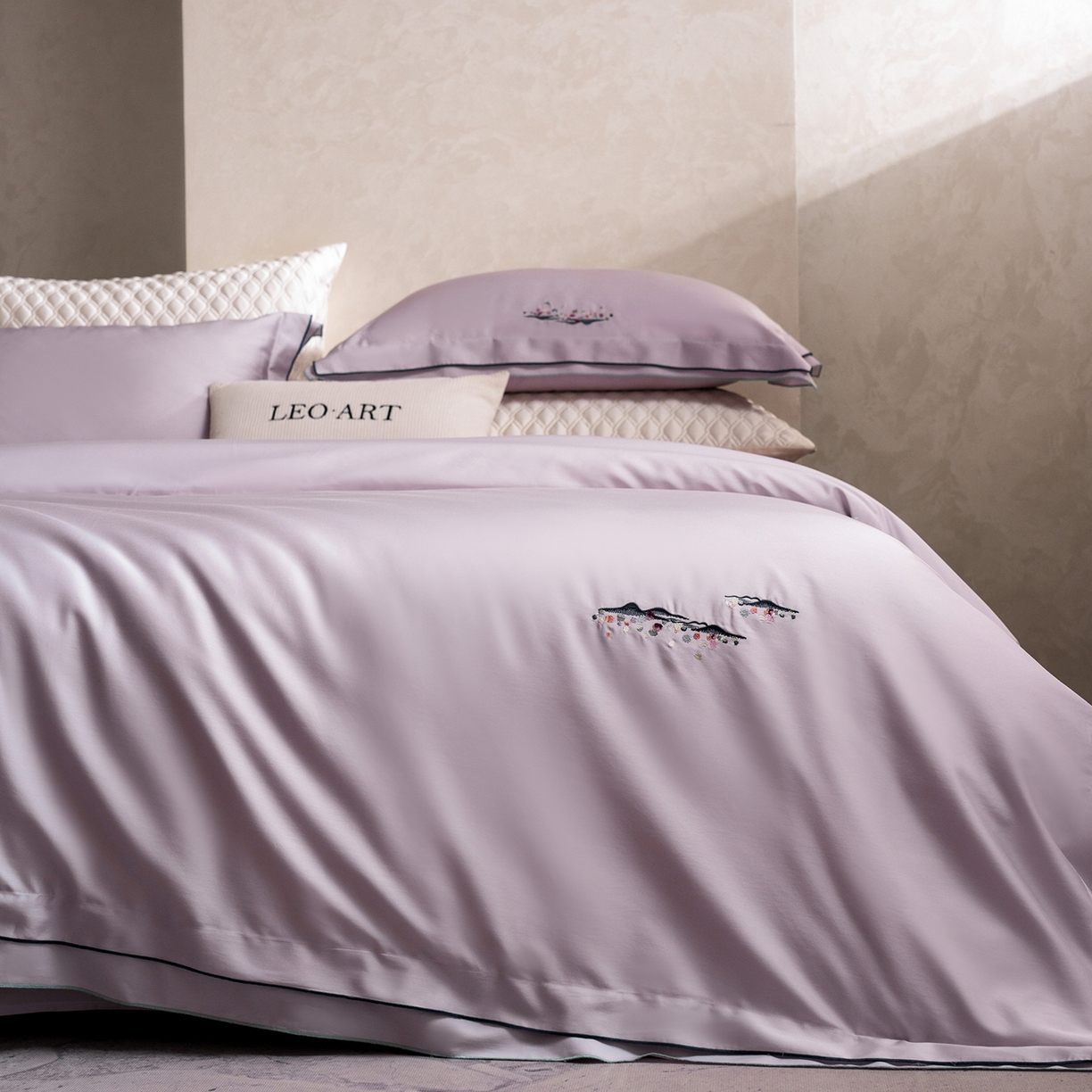 91家纺网 家纺一手货源 找家纺 涞澳家纺 2025新款埃及长绒棉四件套-格雾 格雾-奶紫灰