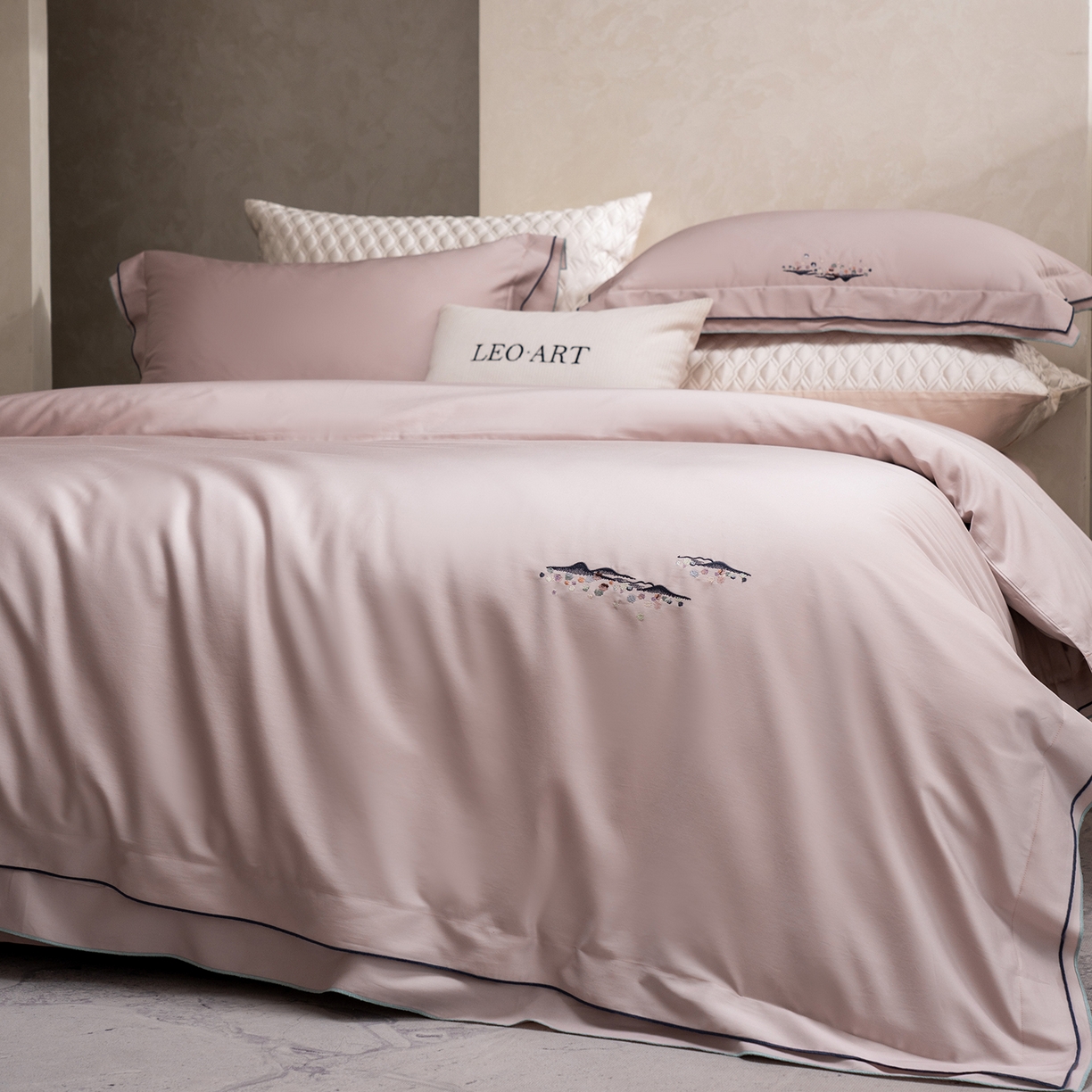 91家纺网 家纺一手货源 找家纺 涞澳家纺 2025新款埃及长绒棉四件套-格雾 格雾-清雅粉