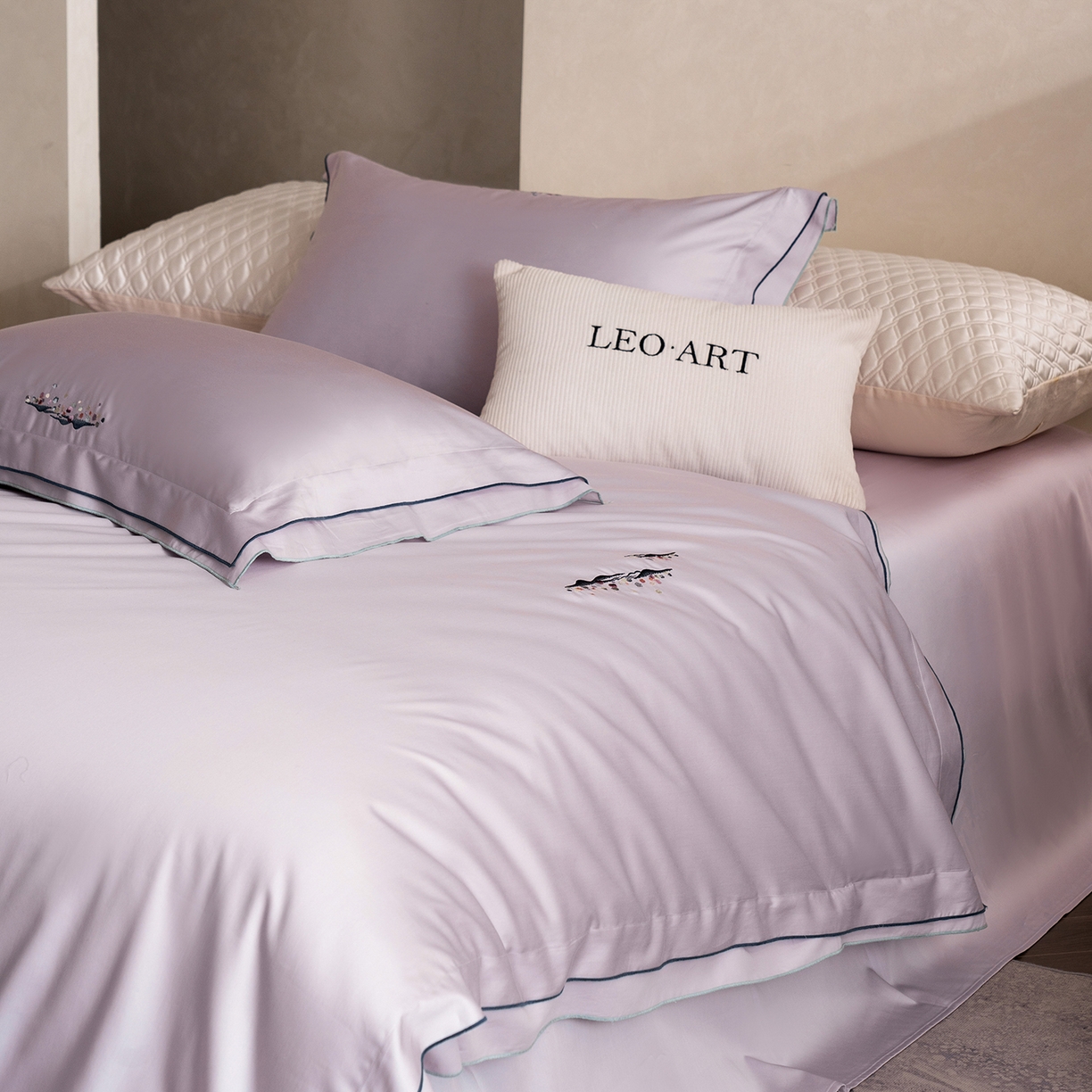 91家纺网 家纺一手货源 找家纺 涞澳家纺 2025新款埃及长绒棉四件套-格雾 格雾-奶紫灰