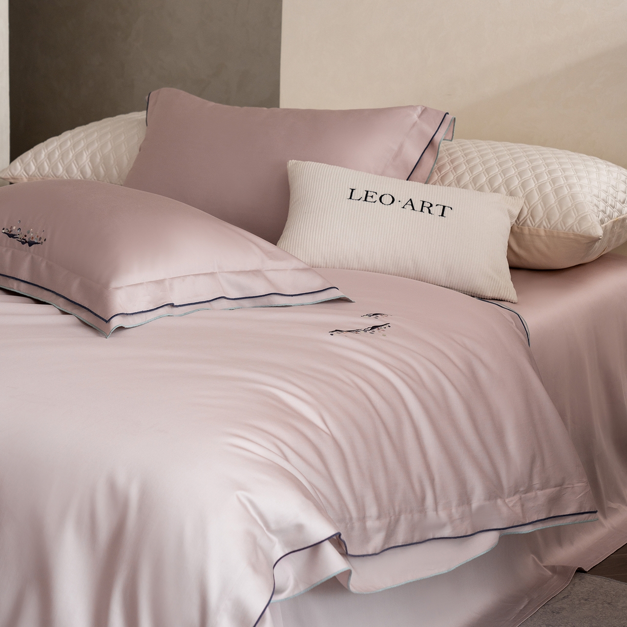 91家纺网 家纺一手货源 找家纺 涞澳家纺 2025新款埃及长绒棉四件套-格雾 格雾-清雅粉