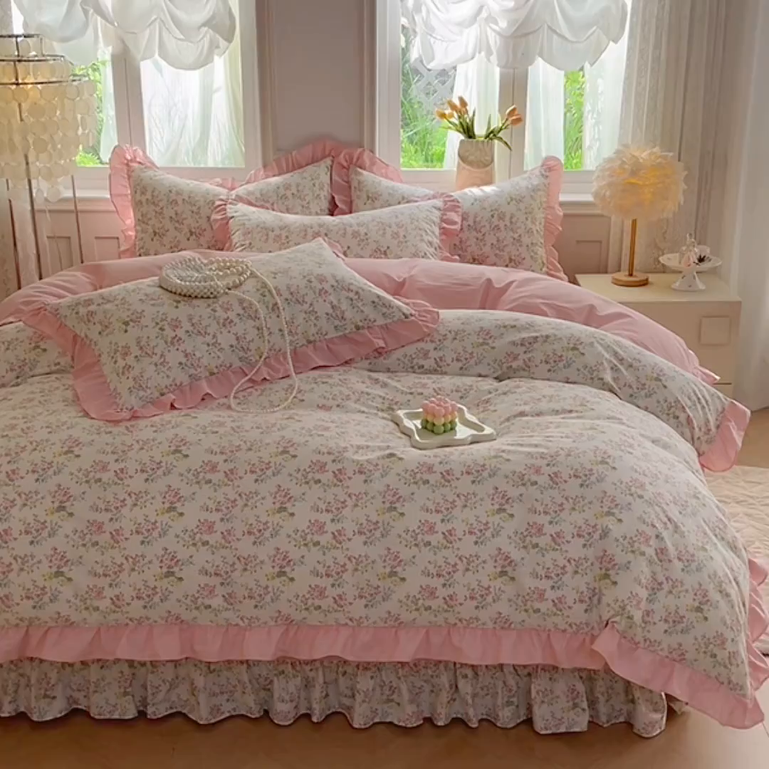 91家纺网 家纺一手货源 找家纺 （总）兴美佳家纺 2026新款全棉印花韩版花边床裙款四件套