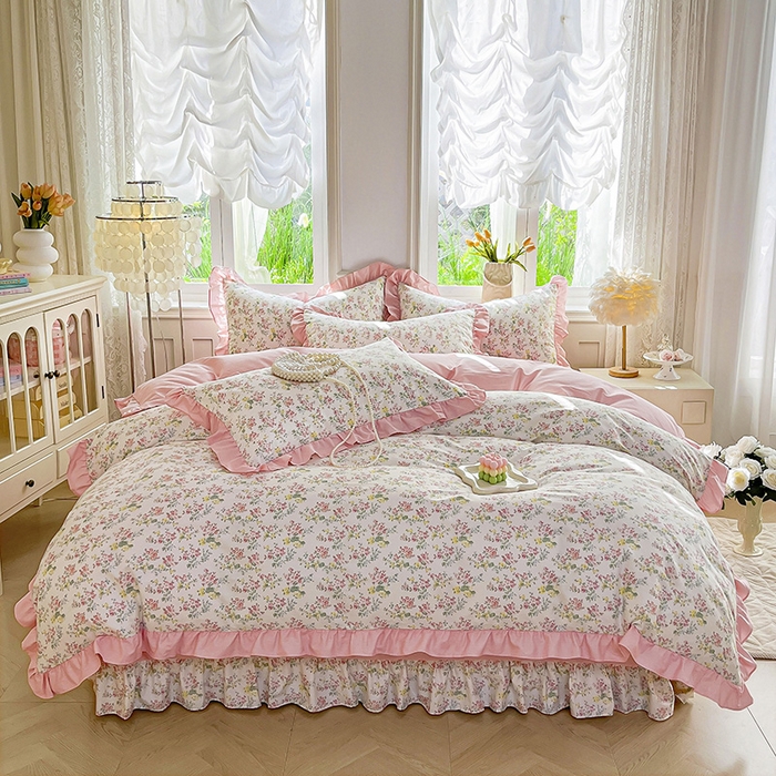 91家纺网 家纺一手货源 找家纺 兴美佳家纺 2026新款全棉印花韩版花边床裙款四件套 玫瑰物语