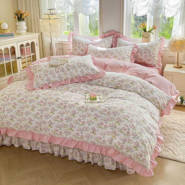 91家纺网 家纺一手货源 找家纺 兴美佳家纺 2026新款全棉印花韩版花边床裙款四件套 玫瑰物语