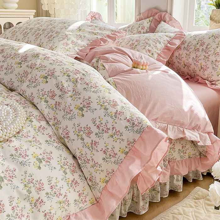 91家纺网 家纺一手货源 找家纺 兴美佳家纺 2026新款全棉印花韩版花边床裙款四件套 玫瑰物语