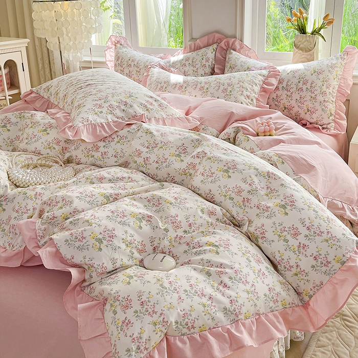 91家纺网 家纺一手货源 找家纺 兴美佳家纺 2026新款全棉印花韩版花边床裙款四件套 玫瑰物语