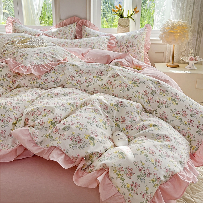 91家纺网 家纺一手货源 找家纺 兴美佳家纺 2026新款全棉印花韩版花边床裙款四件套 玫瑰物语