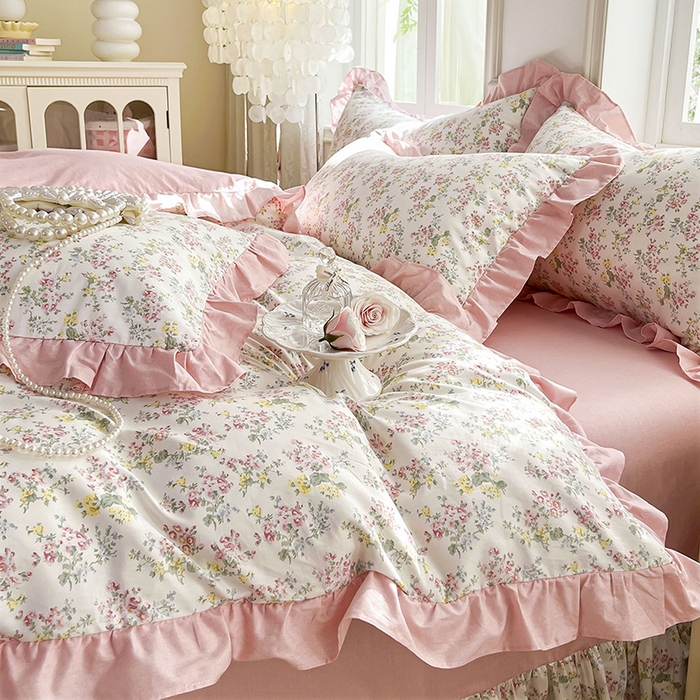 91家纺网 家纺一手货源 找家纺 兴美佳家纺 2026新款全棉印花韩版花边床裙款四件套 玫瑰物语