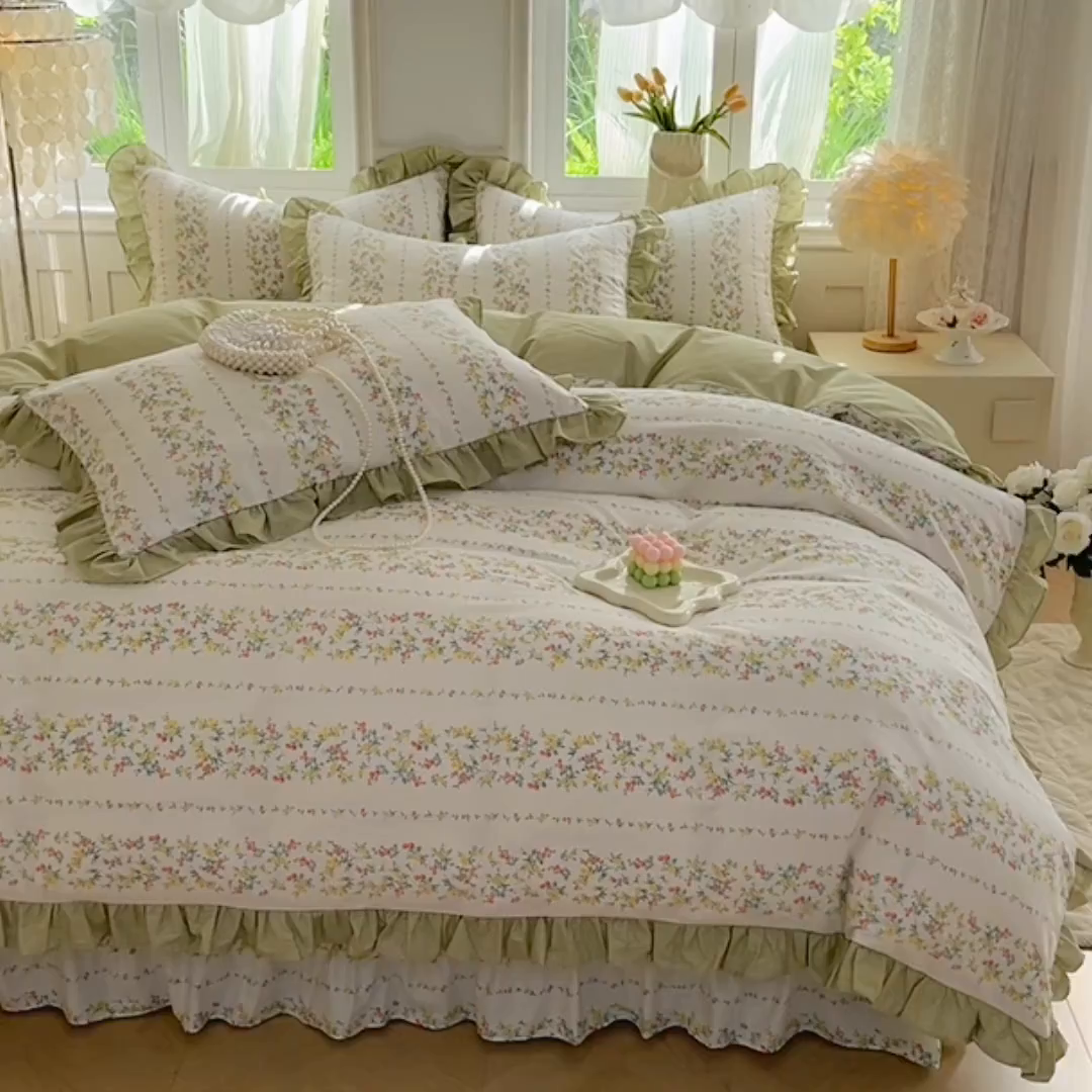 91家纺网 家纺一手货源 找家纺 兴美佳家纺 2026新款全棉印花韩版花边床裙款四件套 安娜花园
