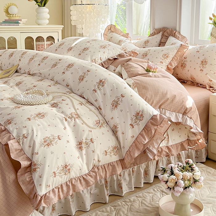 兴美佳家纺 2026新款全棉印花韩版花边床裙款四件套 繁花似锦