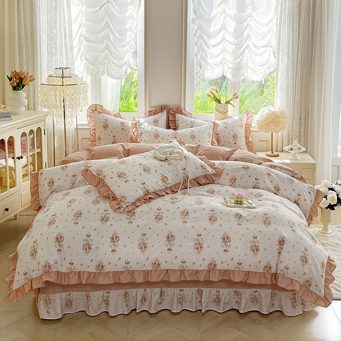 91家纺网 家纺一手货源 找家纺 兴美佳家纺 2026新款全棉印花韩版花边床裙款四件套 繁花似锦