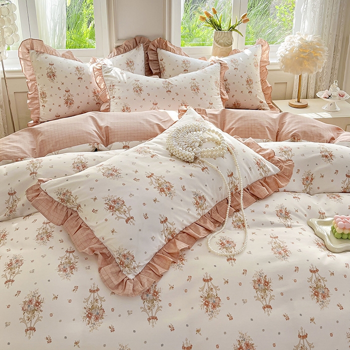 91家纺网 家纺一手货源 找家纺 兴美佳家纺 2026新款全棉印花韩版花边床裙款四件套 繁花似锦