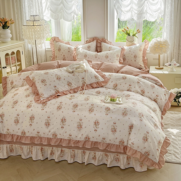 91家纺网 家纺一手货源 找家纺 兴美佳家纺 2026新款全棉印花韩版花边床裙款四件套 繁花似锦