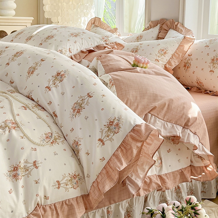 91家纺网 家纺一手货源 找家纺 兴美佳家纺 2026新款全棉印花韩版花边床裙款四件套 繁花似锦