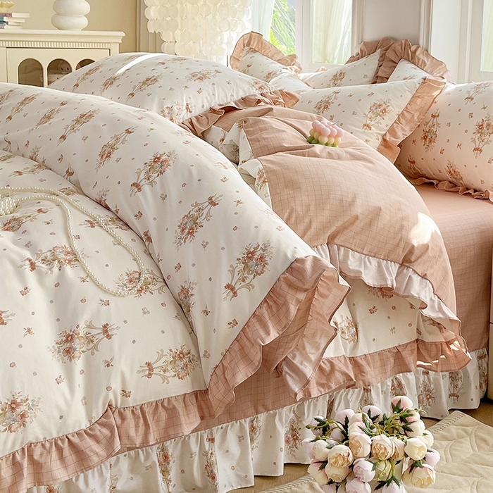 91家纺网 家纺一手货源 找家纺 兴美佳家纺 2026新款全棉印花韩版花边床裙款四件套 繁花似锦