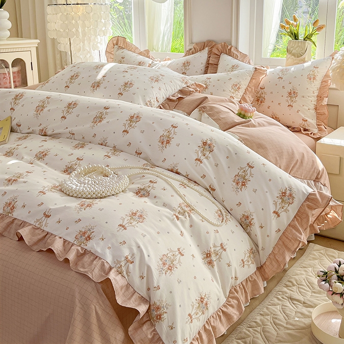 91家纺网 家纺一手货源 找家纺 兴美佳家纺 2026新款全棉印花韩版花边床裙款四件套 繁花似锦