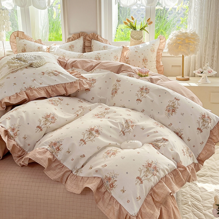 91家纺网 家纺一手货源 找家纺 兴美佳家纺 2026新款全棉印花韩版花边床裙款四件套 繁花似锦