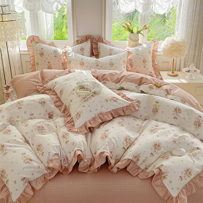 91家纺网 家纺一手货源 找家纺 兴美佳家纺 2026新款全棉印花韩版花边床裙款四件套 繁花似锦