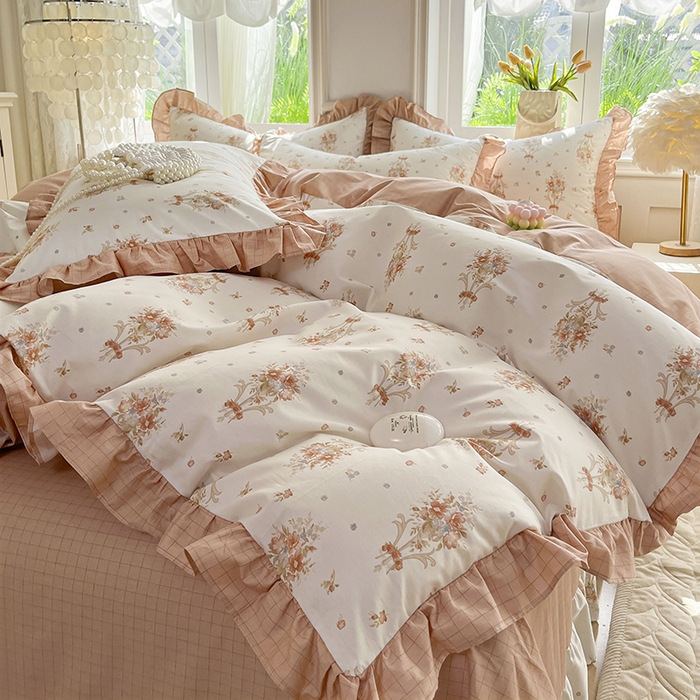 91家纺网 家纺一手货源 找家纺 兴美佳家纺 2026新款全棉印花韩版花边床裙款四件套 繁花似锦